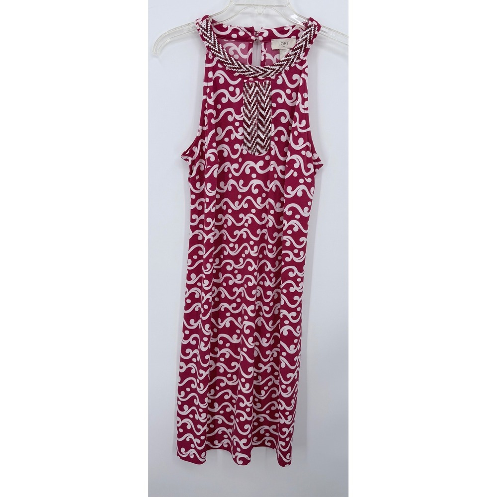 LOFT Shift Dress Women Medium Pink White Beaded Halter Neck Geometric Swirl